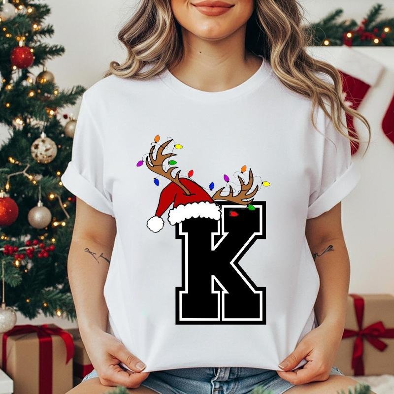 Unisexs Tshirt Christmas Alphabet Fashion Print Tshirt Short Sleeve Fashion Street Top Santa Hat Reindeer Christmas Party Top