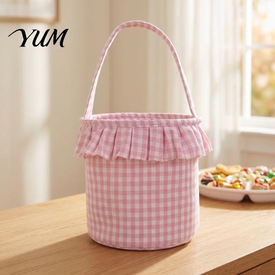 Holiday Decorative Storage Bins Halloween Basket, Plaid Ruffle Trick or Treat Candy Bucket with Handle Christmas Present Pouches for Kids, Reusable