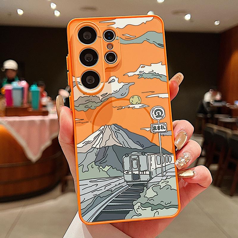 Magnetic For Magsafe Case For Samsung Galaxy S26 Ultra S25 Edge S24 Plus S23 FE S22 A54 A55 A56 5G Anime Landscape Train Pattern Matte Cover