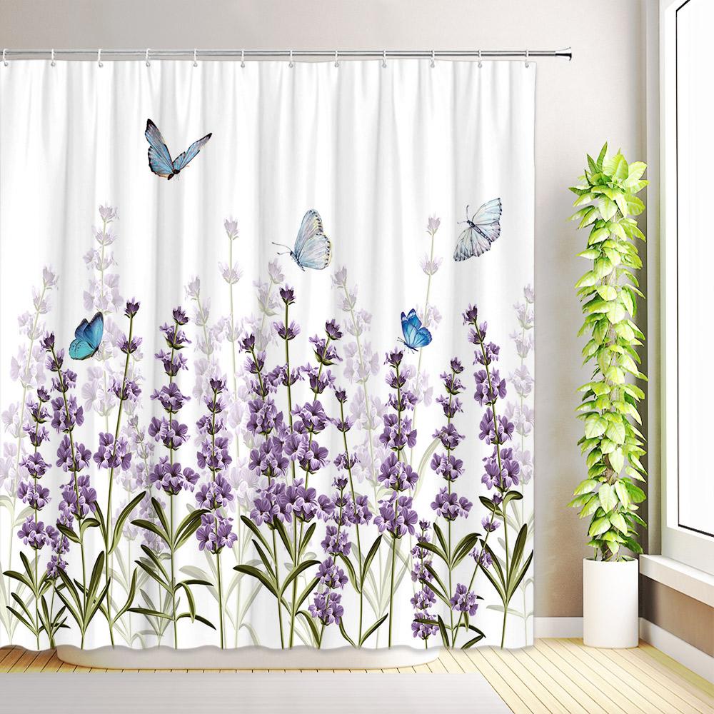 Purple Floral Shower Curtain Watercolor Flower Plants Leaves Butterfly Wildflower Bathroom Decor Fabric Bath Curtains with Hooks