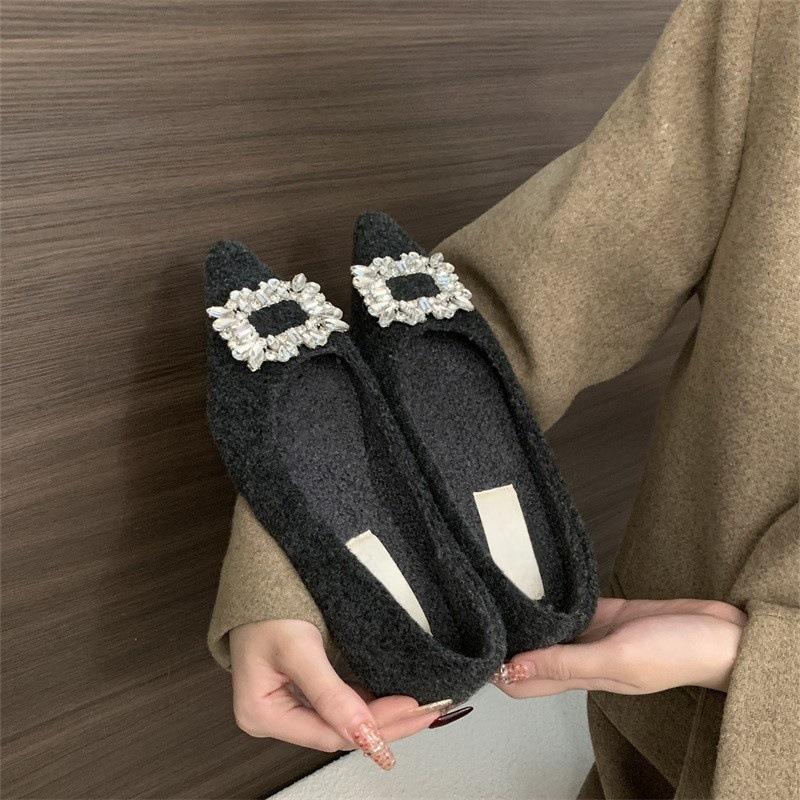 French Xiaoxiangfeng single shoes 2025 new rhinestone square buckle flats evening shoes velvet low heels