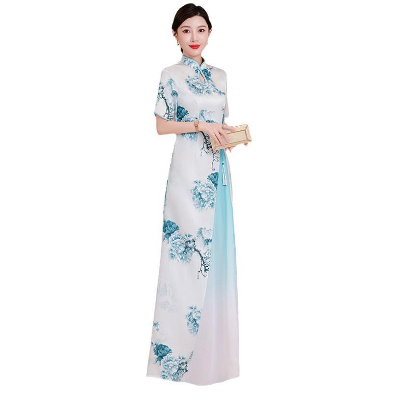 2025 Retro Chinese National Style Ao Dai Print Cheongsam Dress: Short Sleeve, Long Design for Women