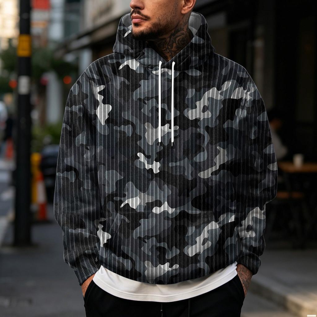Men's Casual Hoodie with Retro Patchwork Print and Single Pocket