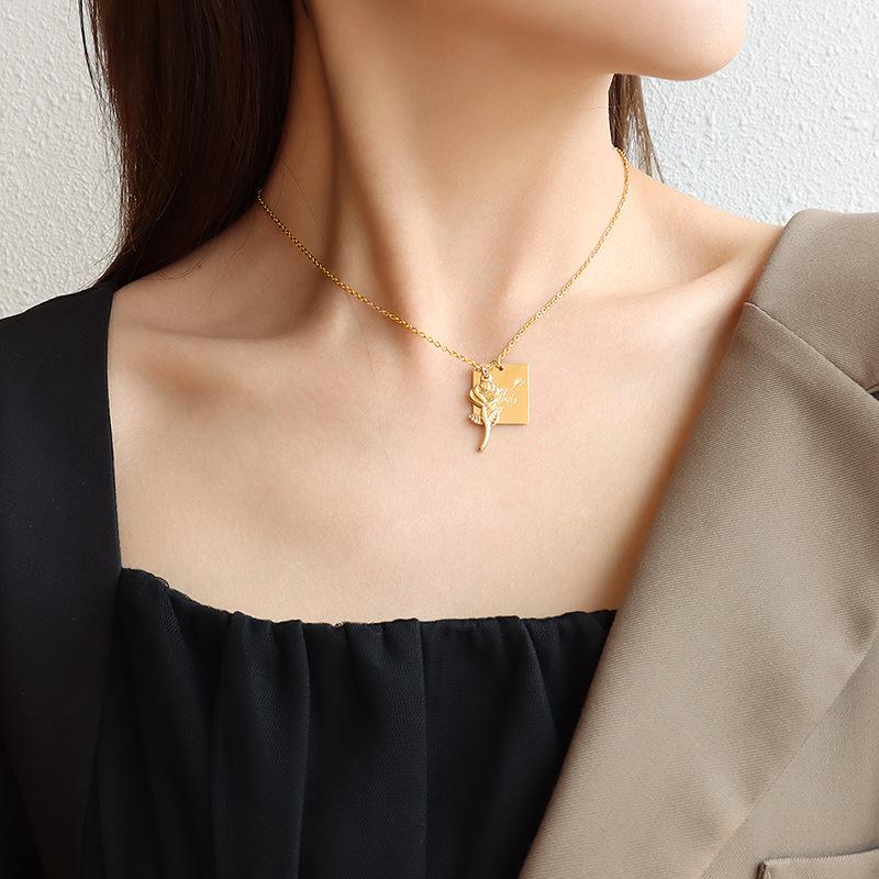 Elegant Rose Square Pendant Necklace in Gold-Plated Titanium Steel: European-American Retro Style 40+5cm