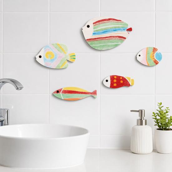 Children Room Fish Decor 5Pcs Wooden Wall Decor, Rainbow Striped Tropical Ornaments with 3D Art Embossed Texture, Lightweight Coastal Hangings