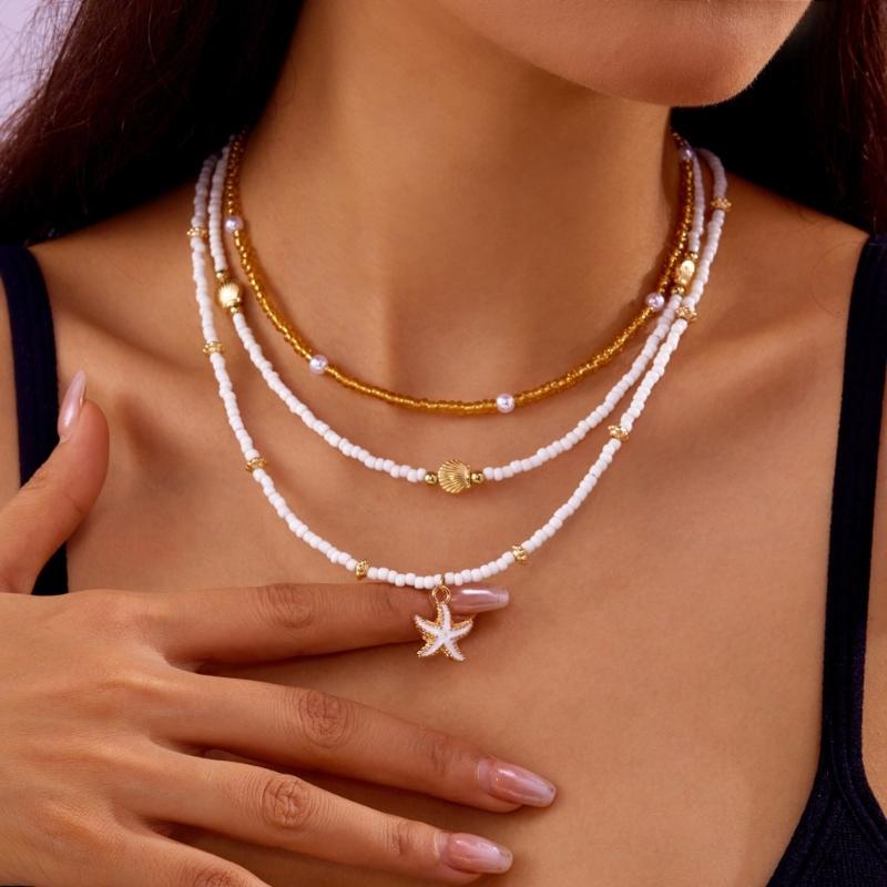 Fashionable Natural Shell Pearls Elastic Jewelry Triple Wear Neck Chain Wrist Ankle Decoration Coastal Styles Use