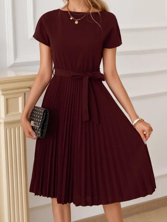 Vestido Feminino Europeu e Americano de Verão 2025 com Renda de Amarrar Plissado - Cor Sólida.