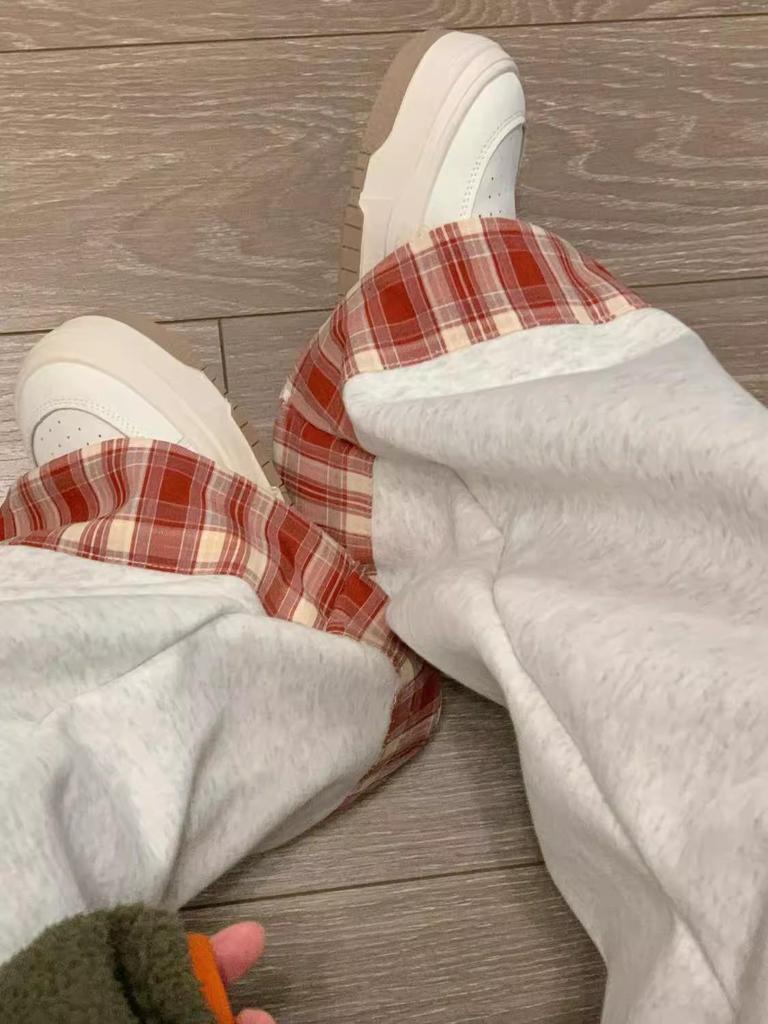 Kids' Retro American Wide-Leg Plaid Sweatpants - Women's Spring Straight-Leg Spliced Style