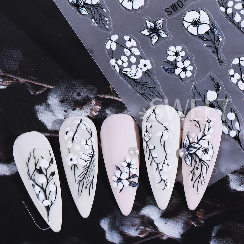 3pcs White Flower Nail Stickers Elegant Lace Rose Floral Petals Leaves Nail Decals DIY Self-Adhesive Slider Manicure Decoration