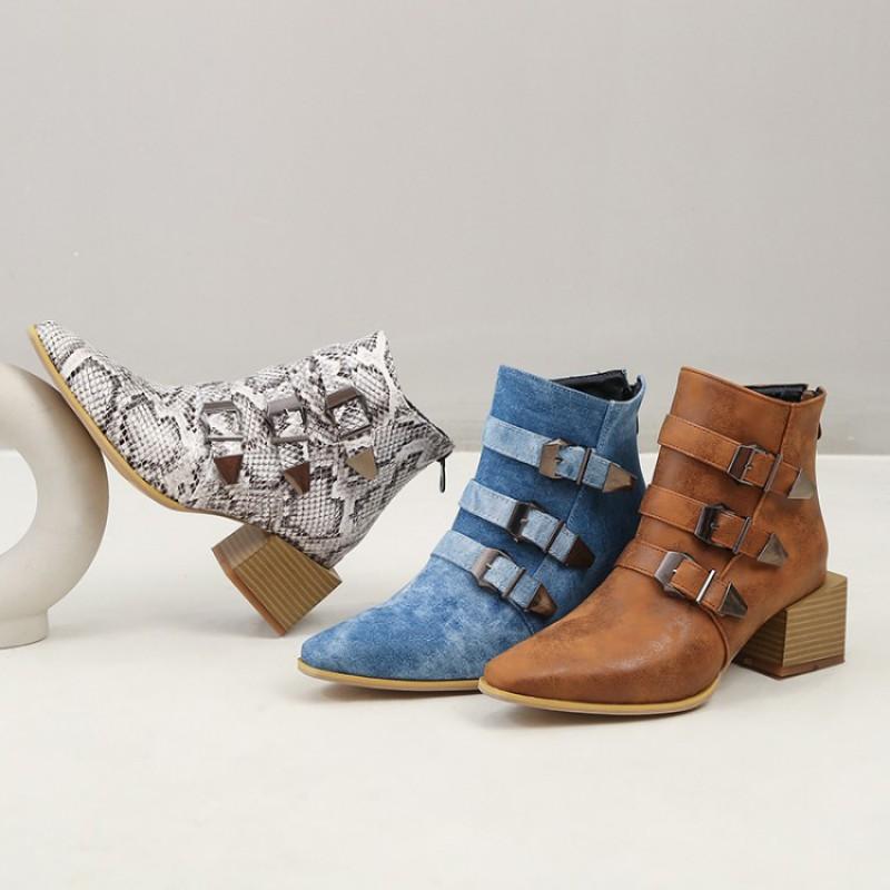 Womens Pointed Toe Chunky Heel Ankle Boots - Motorcycle Style Short Winter