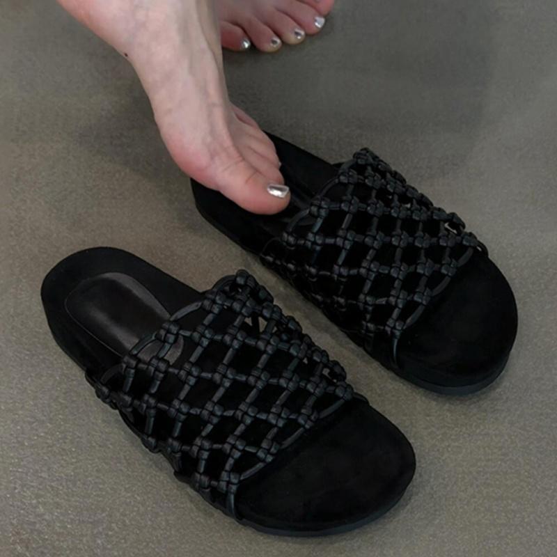

Женские плоские шлепанцы с открытым носком и плетением, лето 2025, новые, удобные, сандалии-слипоны, пляжные, универсальные женские шлепанцы 35 чёрный