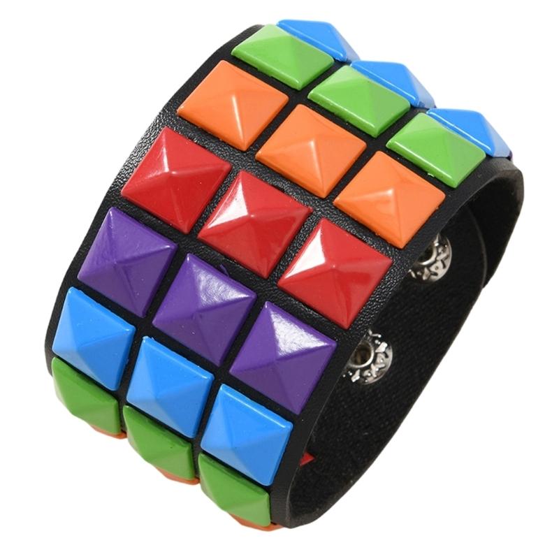 Comfort Fit Adjustable Bracelet Three Row Square Studs Punk Design Soft Leather for Stylish Daily Fashion