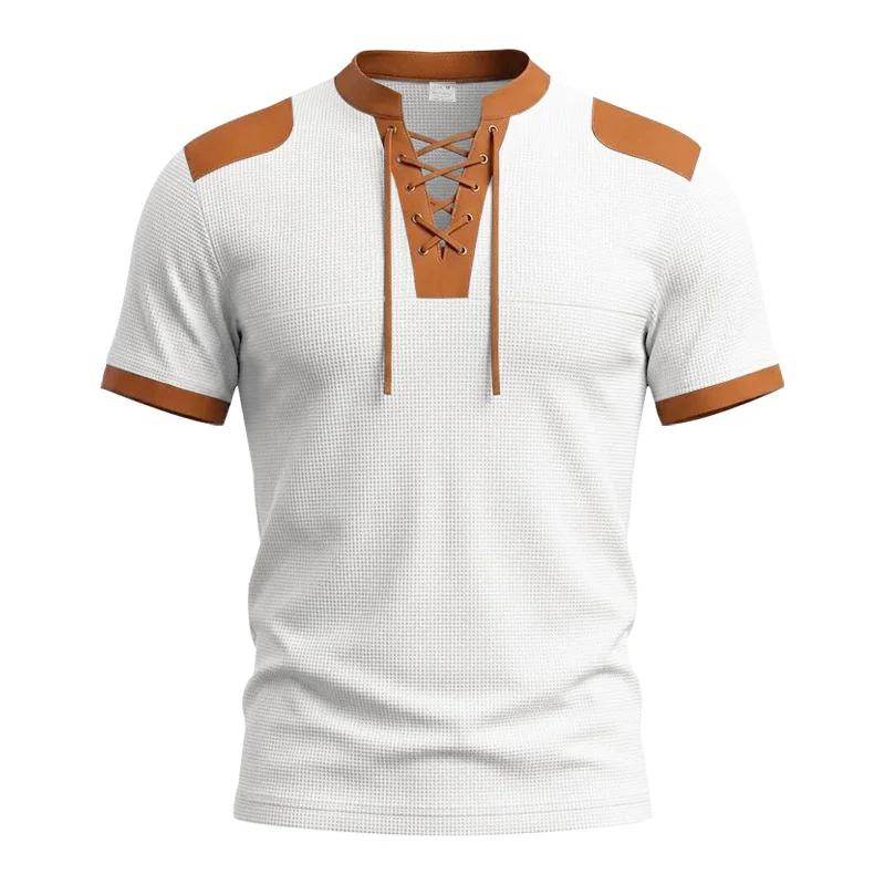 Summer Vintage Style Casual T-Shirts Men Patchwork Drawstring Loose Male Tshirt Short Sleeve Fashion Pull On Tees Streetwear