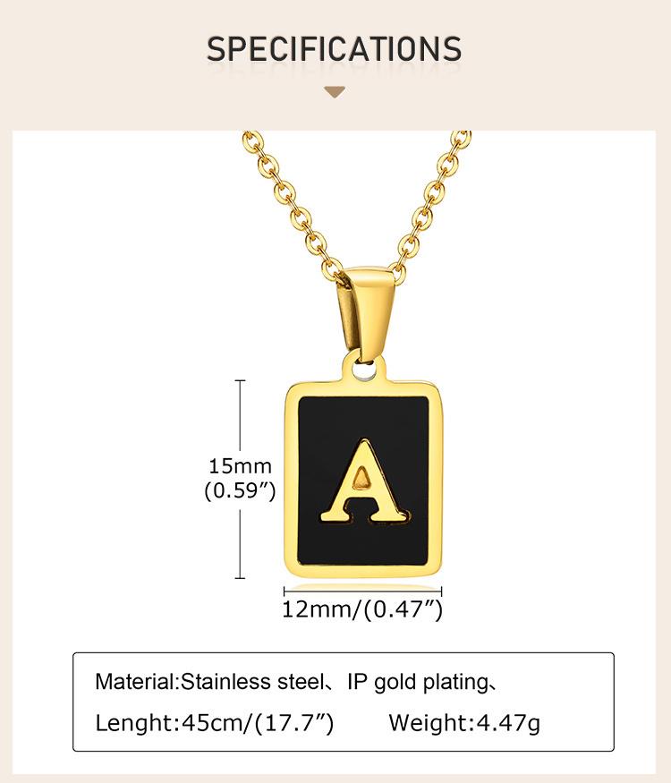 Square Initial Letter Necklace Pendant, Stainless Steel Charm Black Enamle Simple Name Jewelry For Women