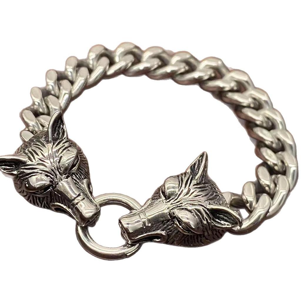 Nordischer Wolfskopf Edelstahl Herren Hip-Hop Armband