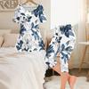Women Plus Size Round Neck Short Sleeve Blue Floral Printed Flared Top And Capri Pants Two Piece Pajama Set