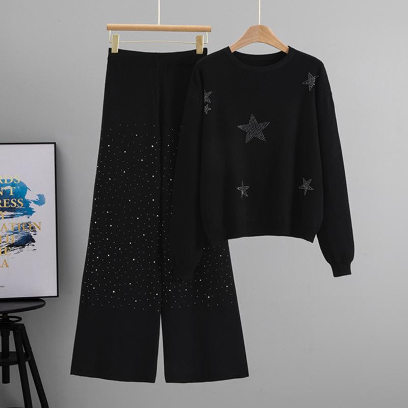 Fashion Autumn New Temperament Hot Diamond Loose Sweater Wide-leg Pants Knitted Two-piece Set for Women