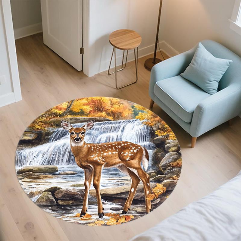Deer by Waterfall Round Area Rug,Carpet Rug for Living Room Bedroom Sofa Playroom Decor,Non-slip Floor Mat