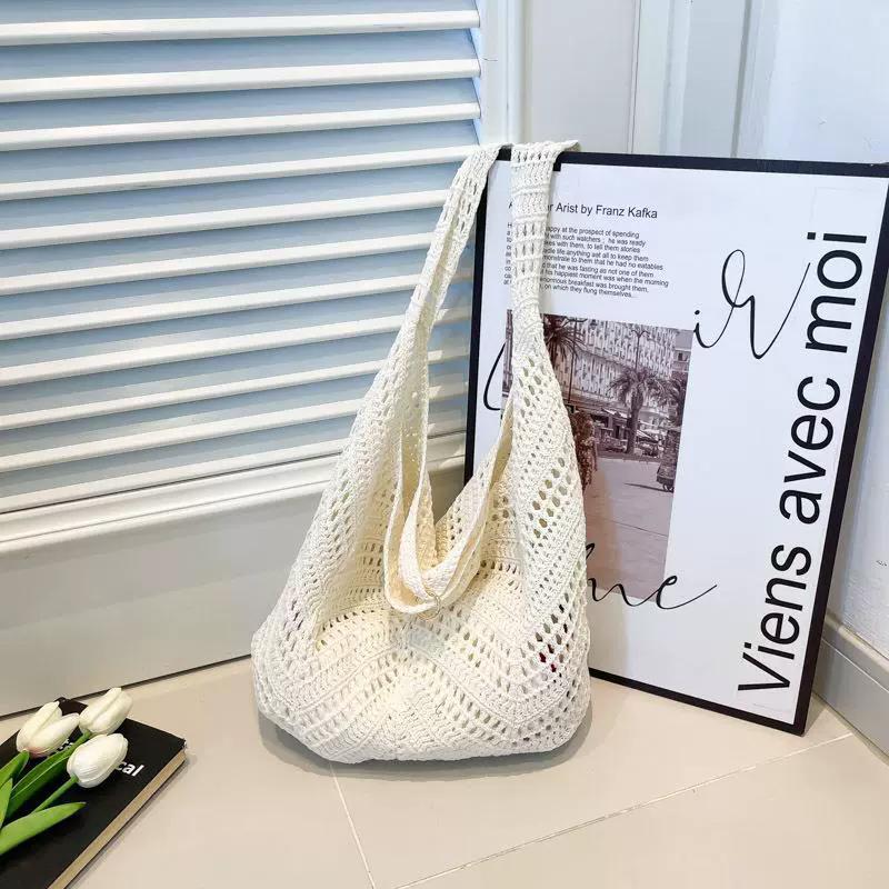 Yogodlns Casual Knitted Tote Bag Women's Summer Fashion Basket Weave Hollow Out Large Capacity Shoulder Bag for Daily Use