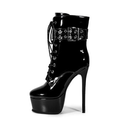 Moda Retro Cinturino Incrociato Fibbia Metallo Traforato Stivaletti Tacco Alto 16cm Stile Punk Casual Europeo Americano Stivali da Moto