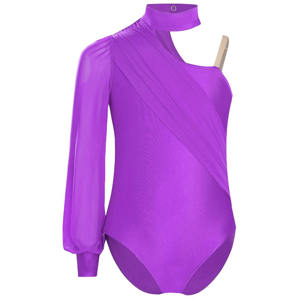 Jenter Ene Skulder Danse Drakotard Sceneopptredelseskostyme Mock Neck Langermet Rynket Nettoverlegg Bodysuit for Barn Gymnastikk