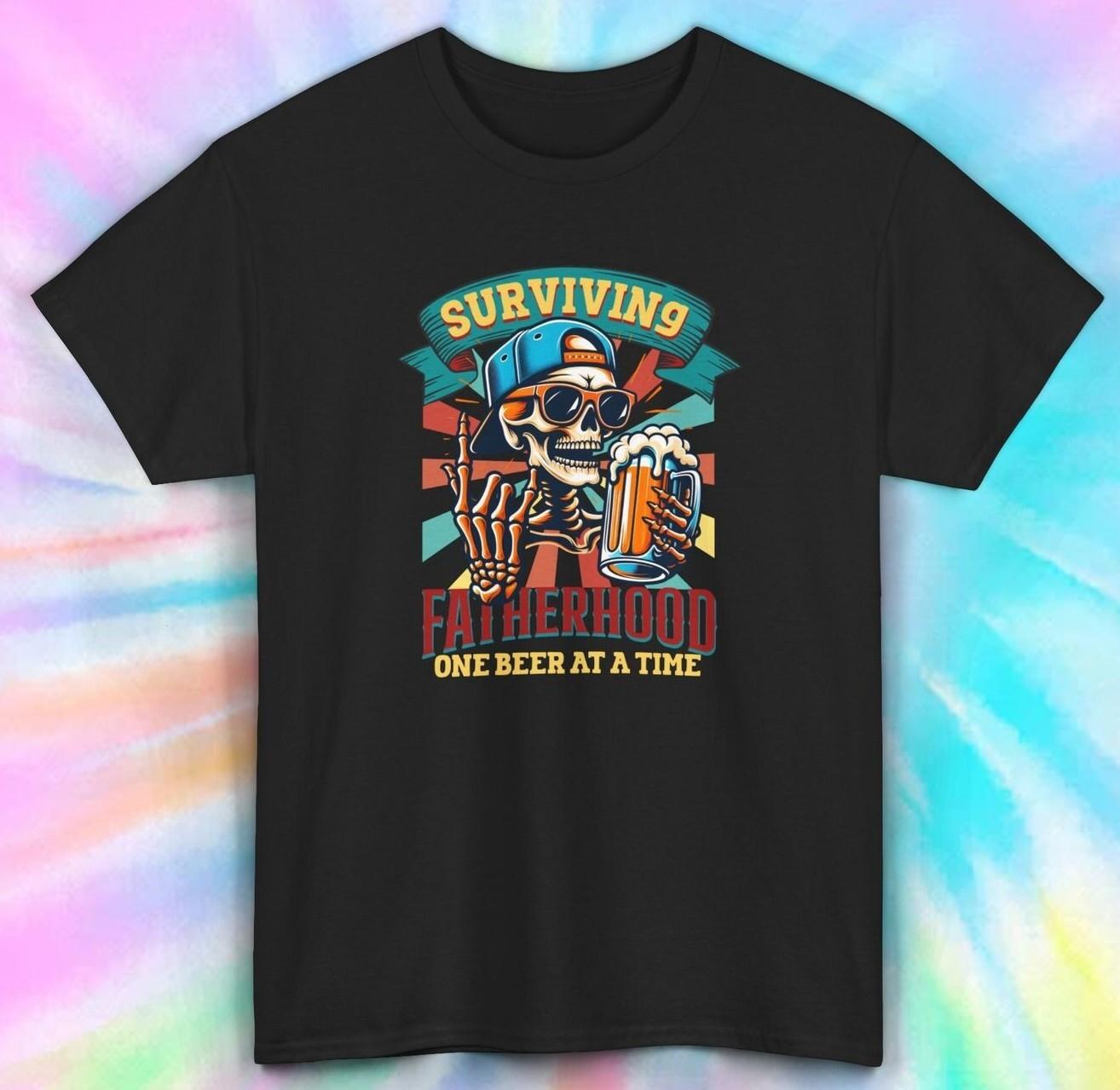 Surviving Fatherhood One Beer At A Time T-Shirt Mens Womens Tees Top | Funny Skeleton Dad Tee | S-5XL XL