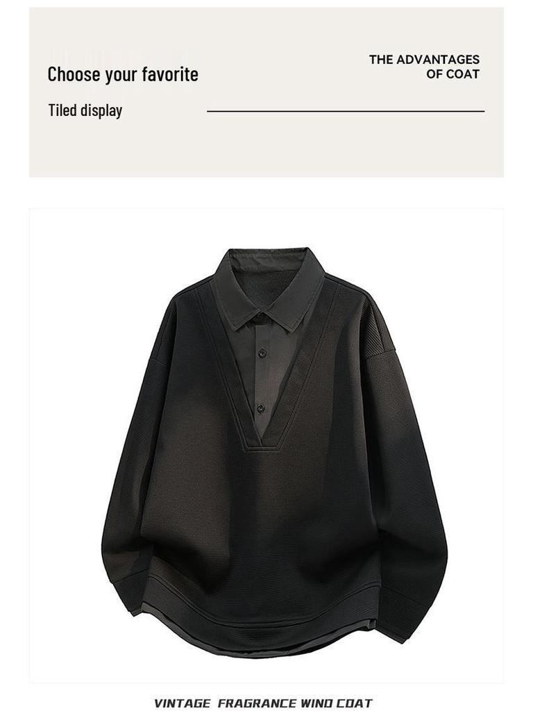 Men's Spring Color Block Patchwork Two-In-One Hoodie Polo Shirt