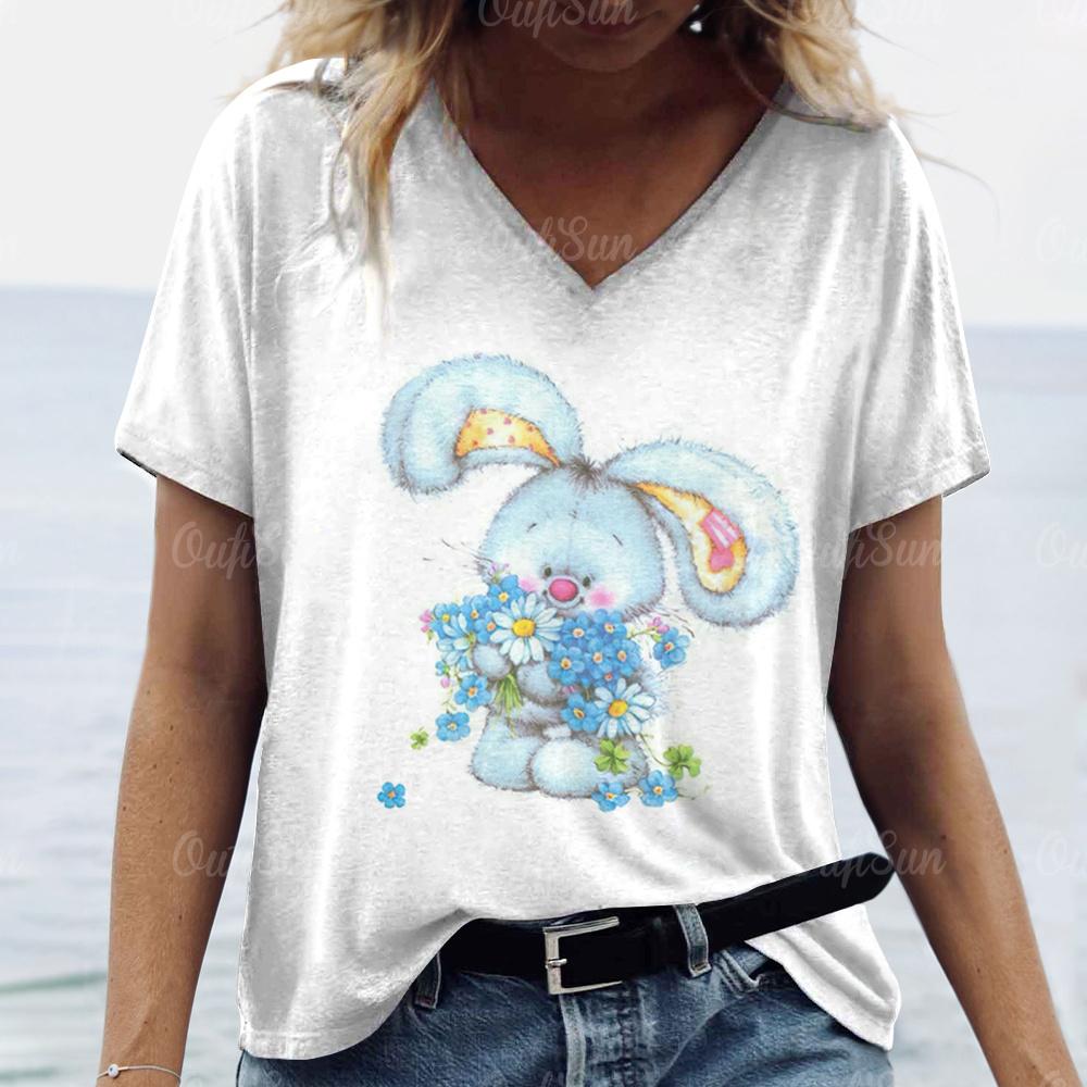 

Жіноча футболка 2024 р. Топи з принтом кролика Жіночий оверсайз одяг Трійники Літні топи з v-подібним вирізом Сорочка Футболки оригінального дизайну L