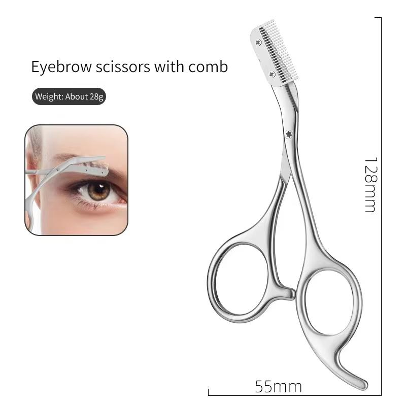 

Professional Stainless Steel Eyebrow Scissors with Comb - Anti Allergic Ergonomic Dual Hand Design, Precise Shaping срібний