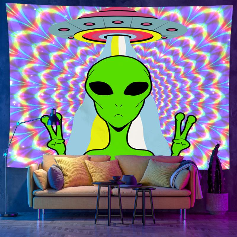 Blacklight Alien UFO Mushroom Tapestry UV Reactive Psychedelic Weed Leaf Wall Hanging Stoner Home Decor 100X70CM