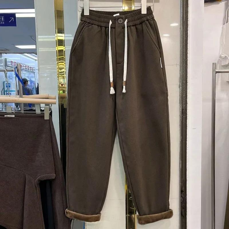 Pants for Women Plus Size Thickened Stretchy Elastic High Waist Long Trousers Solid Colour Fleece Casual Wide Leg Pants