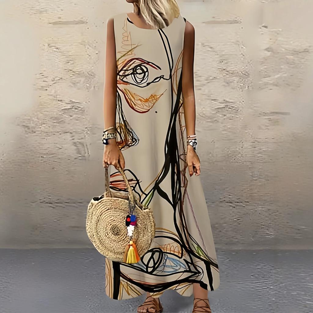 Art abstract face line printing sleeveless crew neck long dress loose meat cover holiday vest dress
