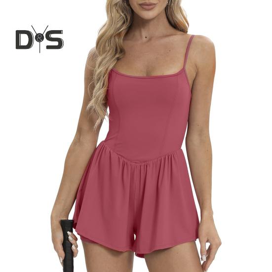 Women's Sleeveless Tennis Dress Summer Pleated Yoga Workout Mini Dresses with Built-in Shorts Spaghetti Strap Athletic Romper Short Sundress