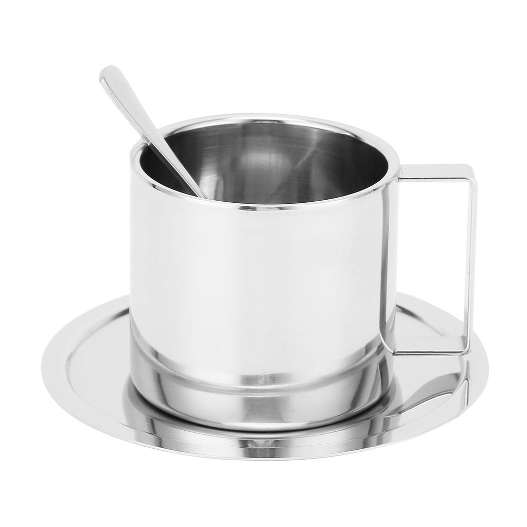 Kaffeetasse Edelstahl Doppelschicht Isolierung Milchbecher mit Löffel Untertasse Haushalt(Silber 180ML)