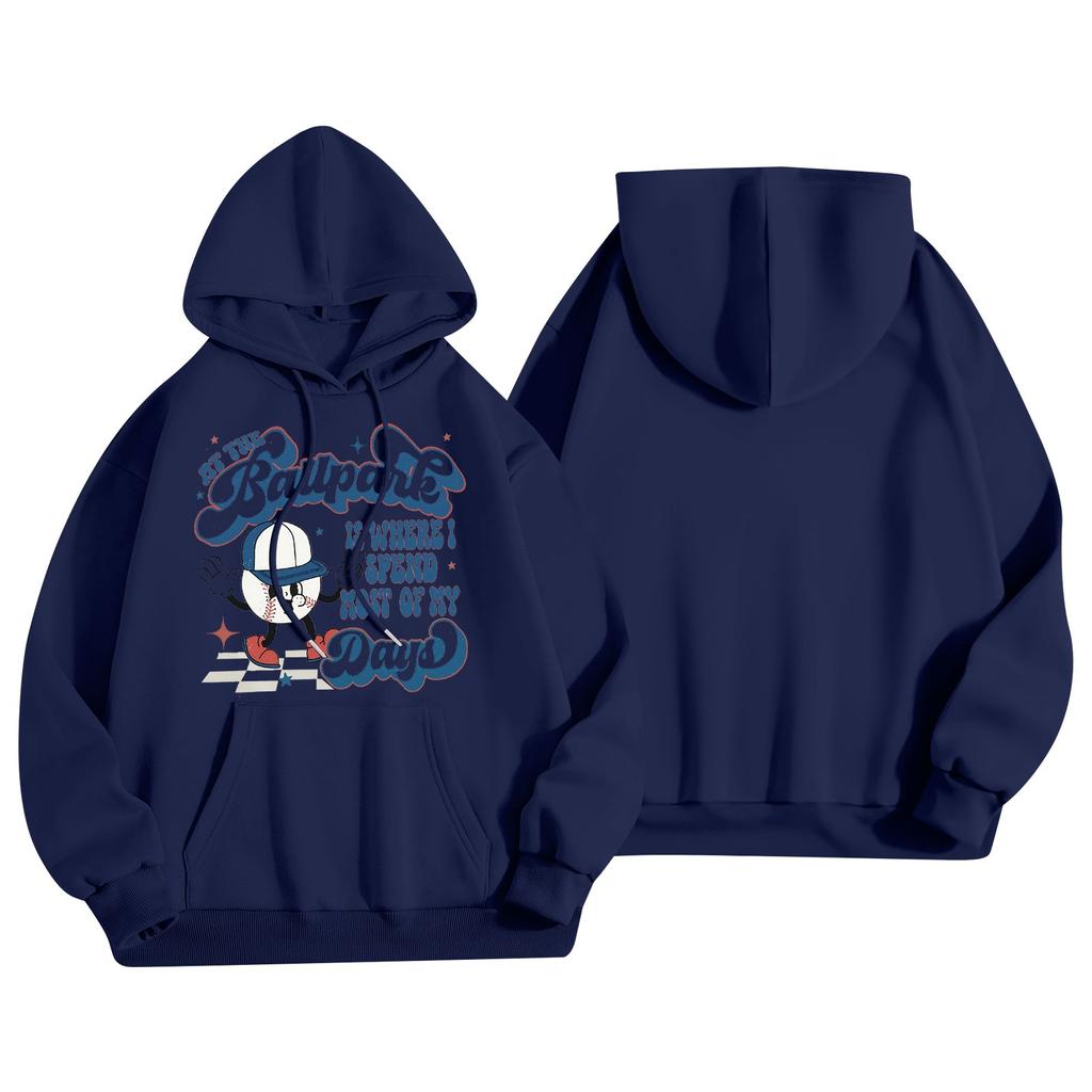 Dammode Lättviktig Långärmad Pullover Med Fickor Baseballtryck Hoodie