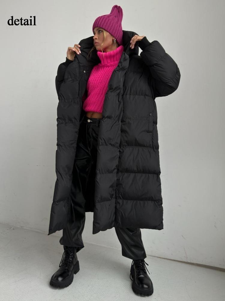 Winter Warmer Damen Oversize Langer Daunenmantel Maxijacke mit Abnehmbarer Kapuze Durchgehender Reißverschluss Gepolstert Langarm