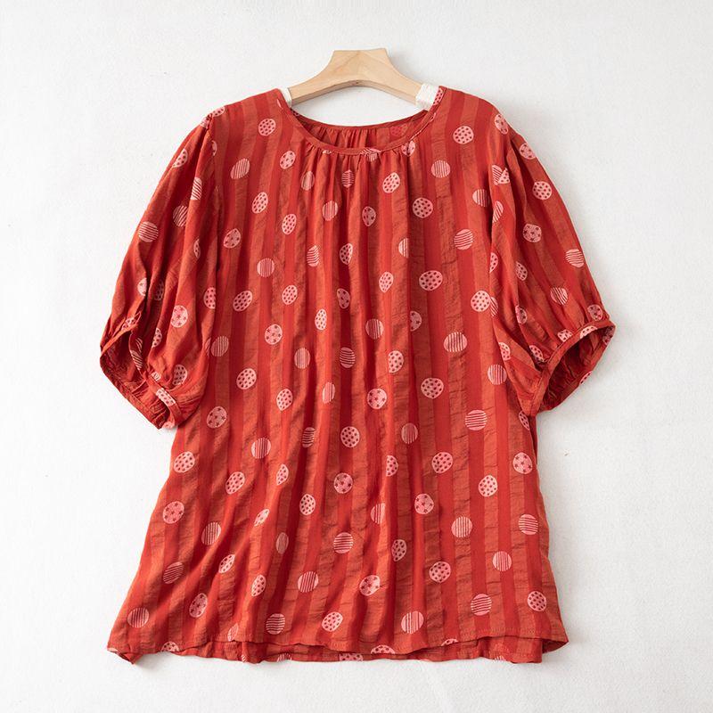 

1202 Summer New Arrival Pullover Retro Mother s round Neck Cotton and Linen Short Sleeve Shirt Orange All yards