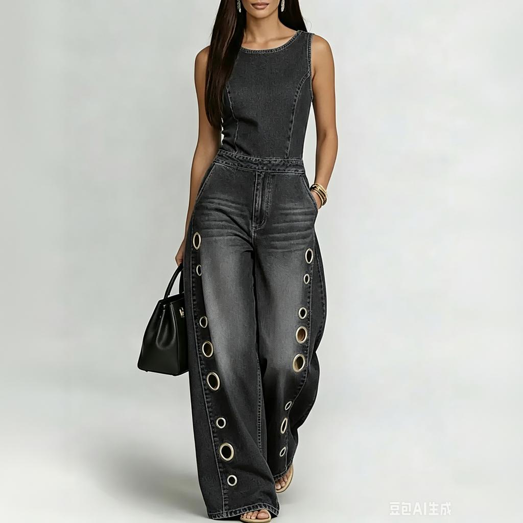 Tuta di Jeans Senza Maniche da Donna Gamba Larga Vestibilità Larga Scollo Rotondo Romper Casual con Quattro Tasche e Dettagli Occhielli Metallici