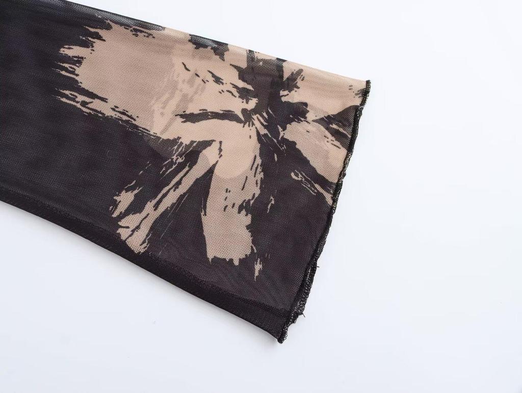 2024 Fall Women's European & American Style Cowl Neck Print Mesh Long Sleeve Dress