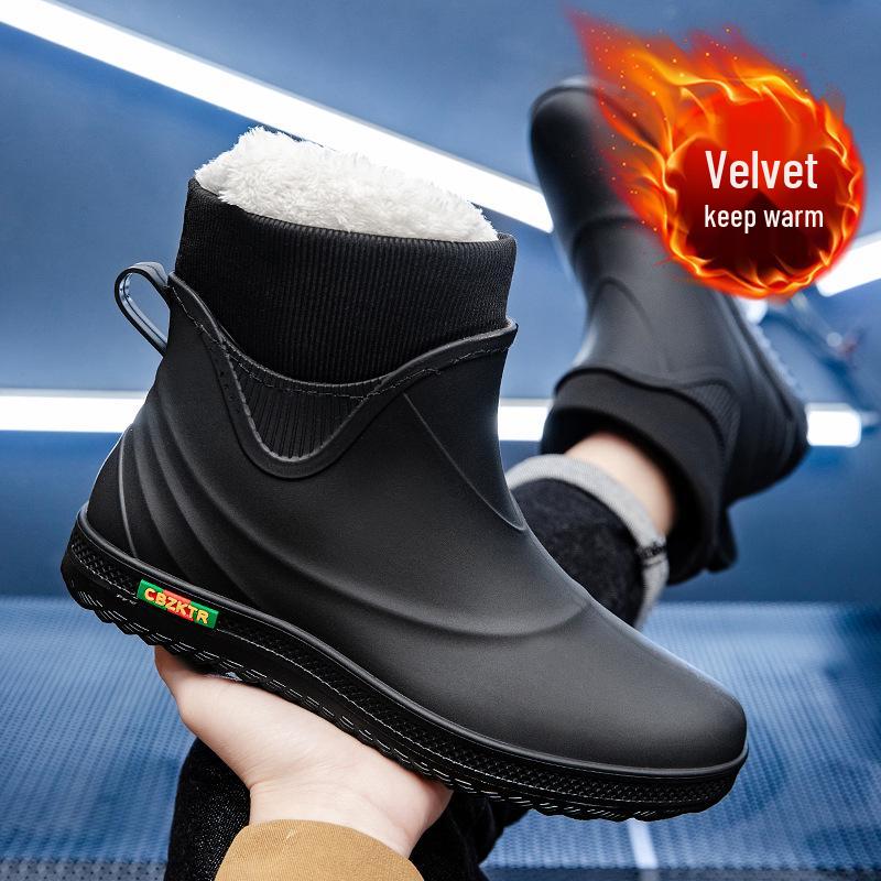Men's Fashionable Low-Top Waterproof Rain Boots with Fleece Lining, Washable Flat Bottom, Mid-Calf, Ideal for Kitchen, Food Delivery, and Riding.