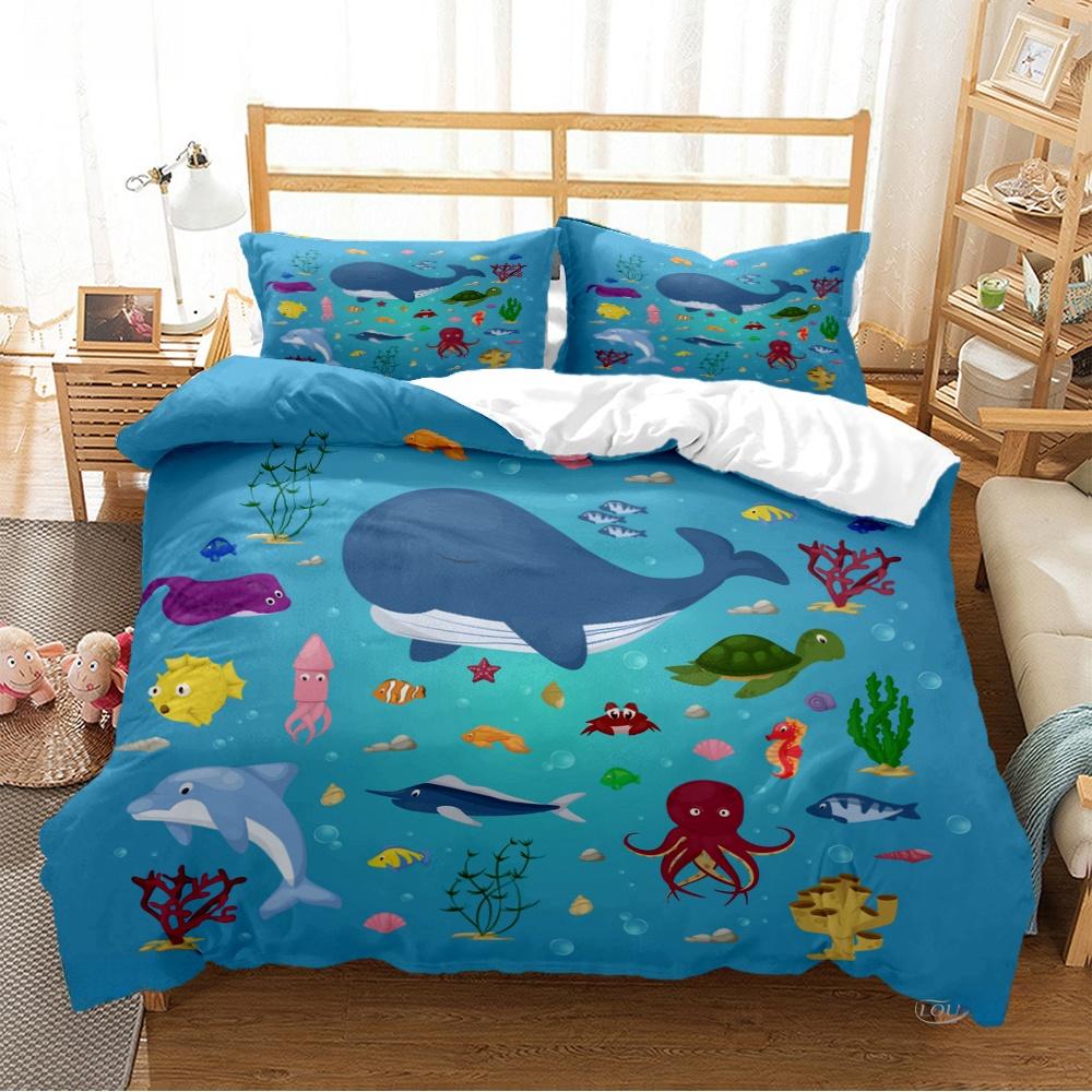 Cartoon Ocean Whale Dolphin Duvet Cover Kids Cute Kawaii Bedding Sets Soft Quilt Cover and Pillowcases Single_Double_Queen_King