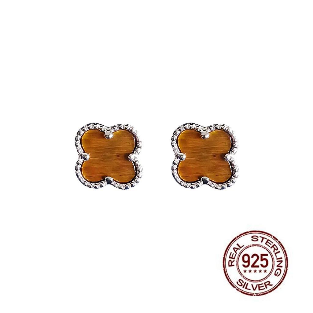 7MM Vierblättriges Kleeblatt Tigeraugen Ohrring 925 Sterling Silber Braun Platin Ohrringe