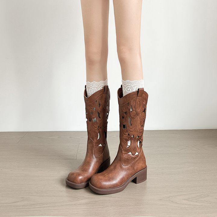 Retro hollow western cowboy boots 2025 new cool boots but knee thin thick heel boots super foreign versatile