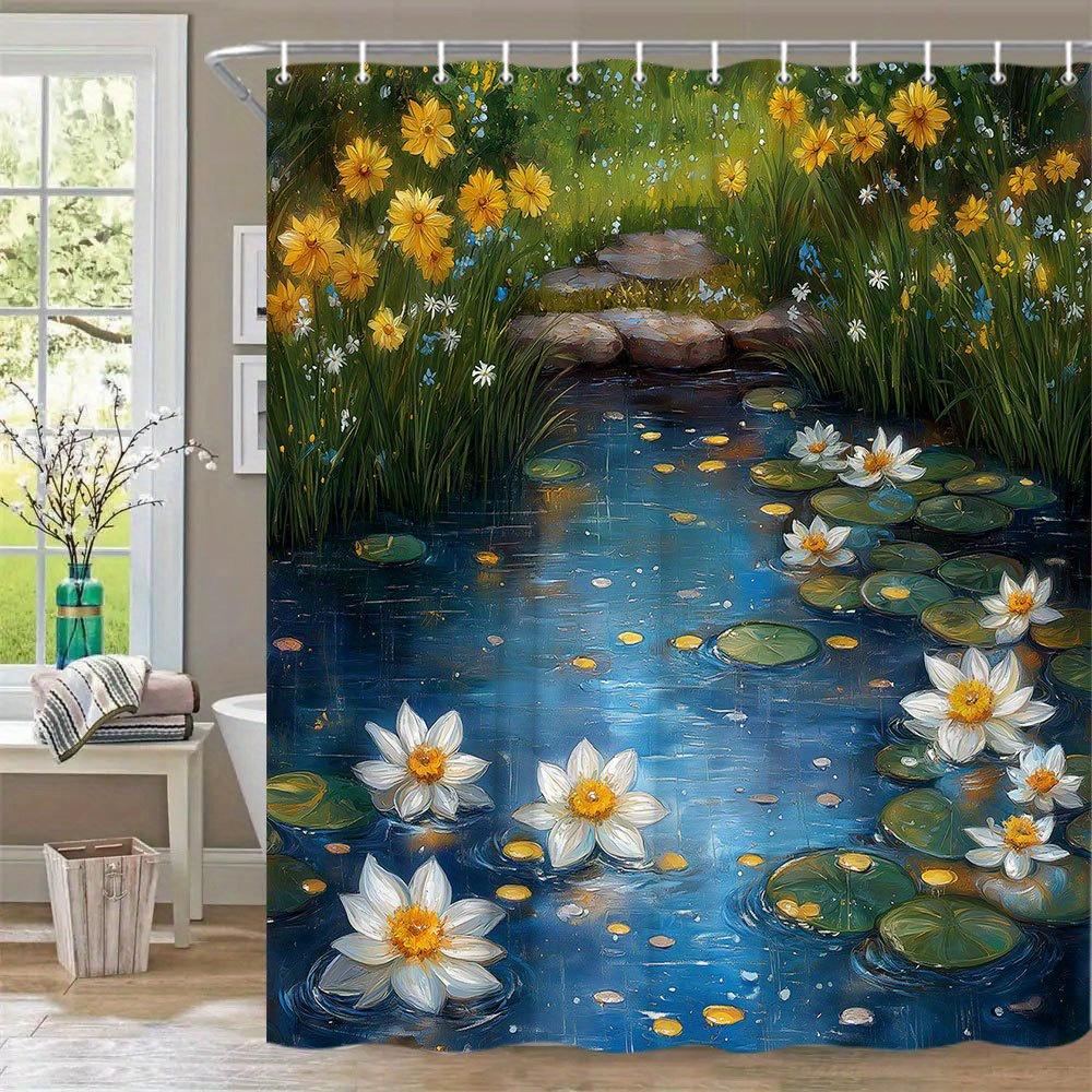 1Pc Serene Lily Pond Bath Curtain - Large Polyester Shower Curtain With Lilies, Water Lilies & Rocky Embankment Design,