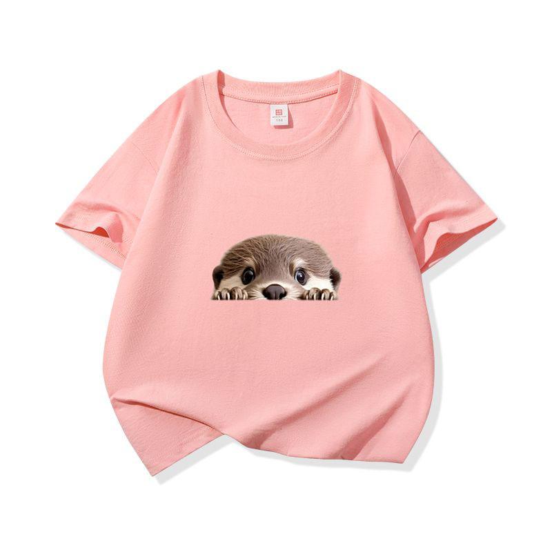 Kinder Baumwoll-T-Shirt Niedlicher Peekender Otter Aufdruck Rundhalsausschnitt Kurzarm T-Shirt Lässig Atmungsaktiv Jungen Mädchen Sommer Oberteile