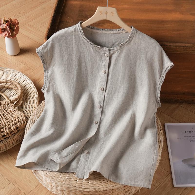 2026 Artistic Retro Ruffle-Edge Sleeveless Cotton Linen Top L