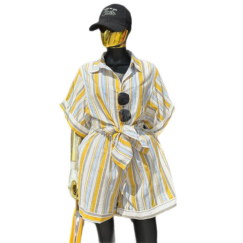 European & American Women's Striped Short-Sleeve Shirt & High-Waisted Shorts Set - Summer 2026 Collection