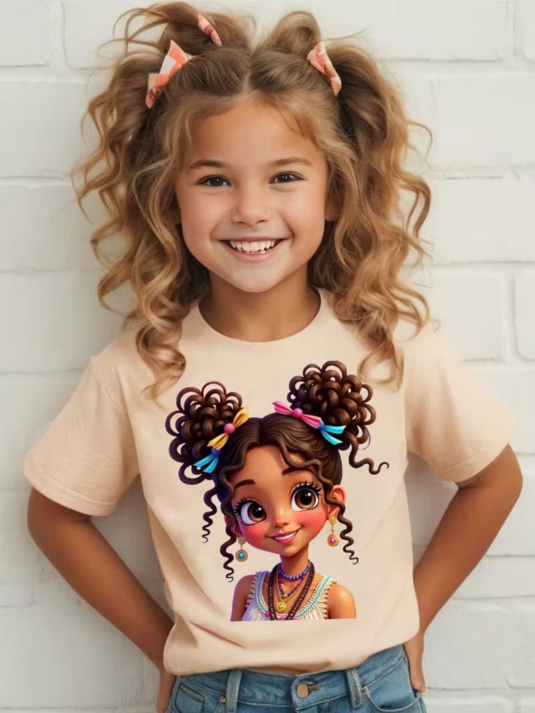 Girls' Summer Crew-Neck Short-Sleeved Top New Black Girls Cute Top Girls Clothes Cartoon Print T-Shirt Top Children's Clothing