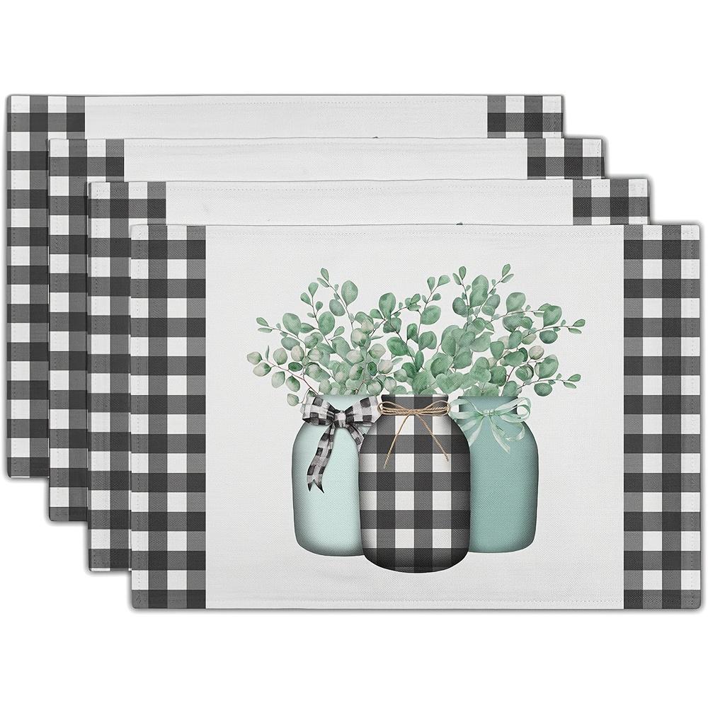 

4pcs Spring Leaf Placemats 12×18 Inches Set of 4 Eucalyptus Leaf Black White Buffalo Check Seasonal Indoor Kitchen Dining Table 30x45cm-4PC