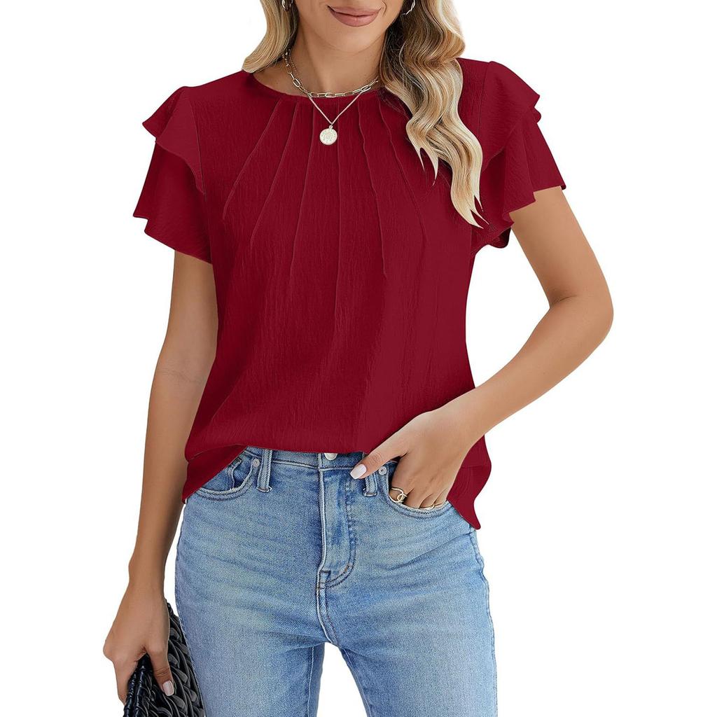 Damenmode Locker geschnitten Rundhals Falten Pullover T-Shirt Kurzarm Top